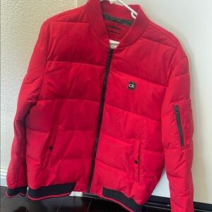 Calvin Klein Red Bomber Jacket with Stand-Up Collar